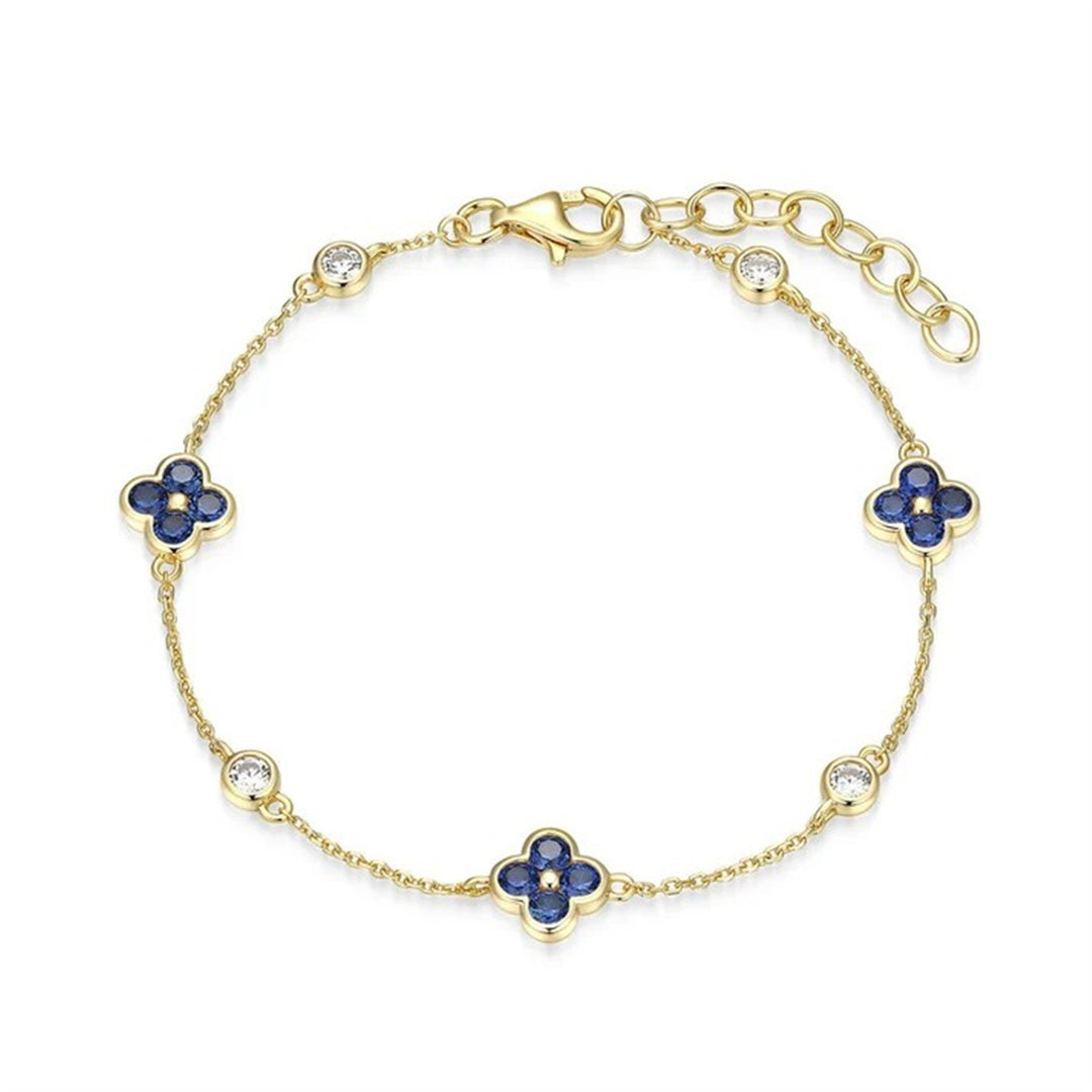 REIGN Sterling Silver Gold Plated Lab-Created Sapphire Clover Station Bracelet 6.5 + 1"